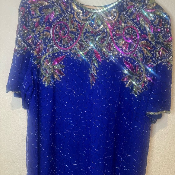 Laurence Kazar Royal Blue Silk Beaded Gown - Picture 3 of 11